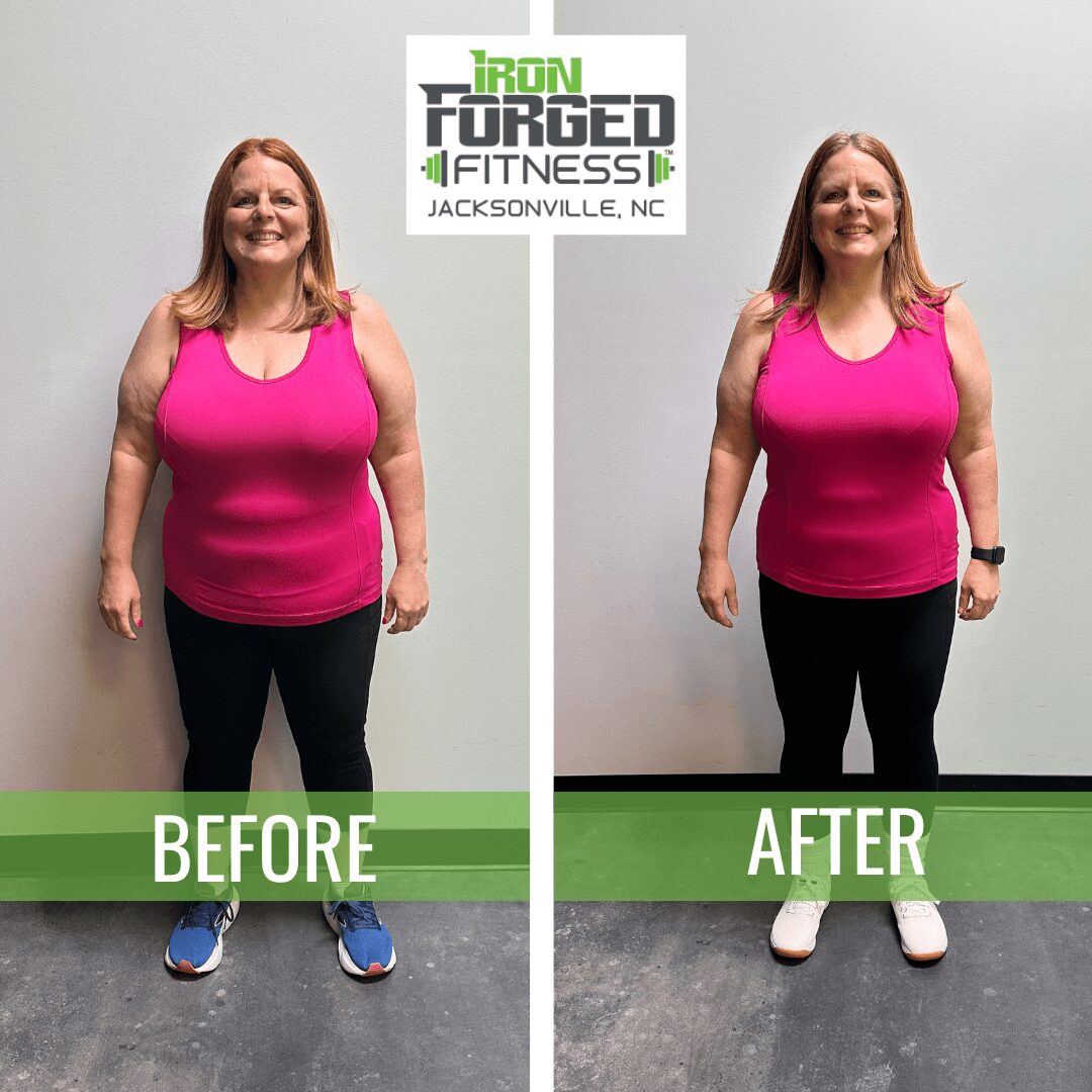 Smiling woman visible toning progress