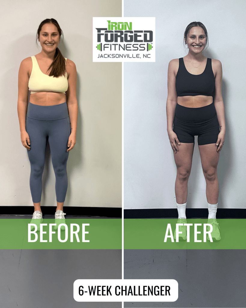 Before and after fitness transformation photo.
